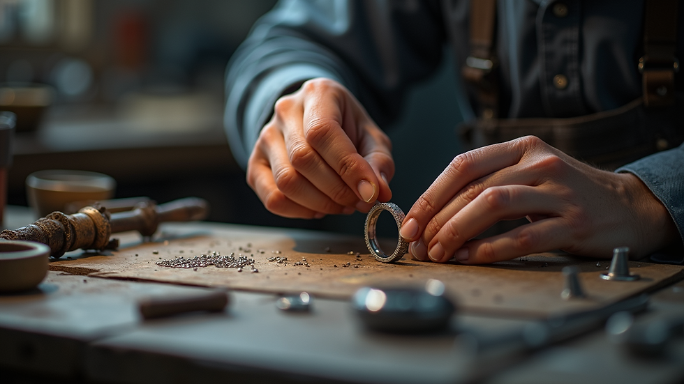 Eye-level view of artisan at workbench crafting a silver ring