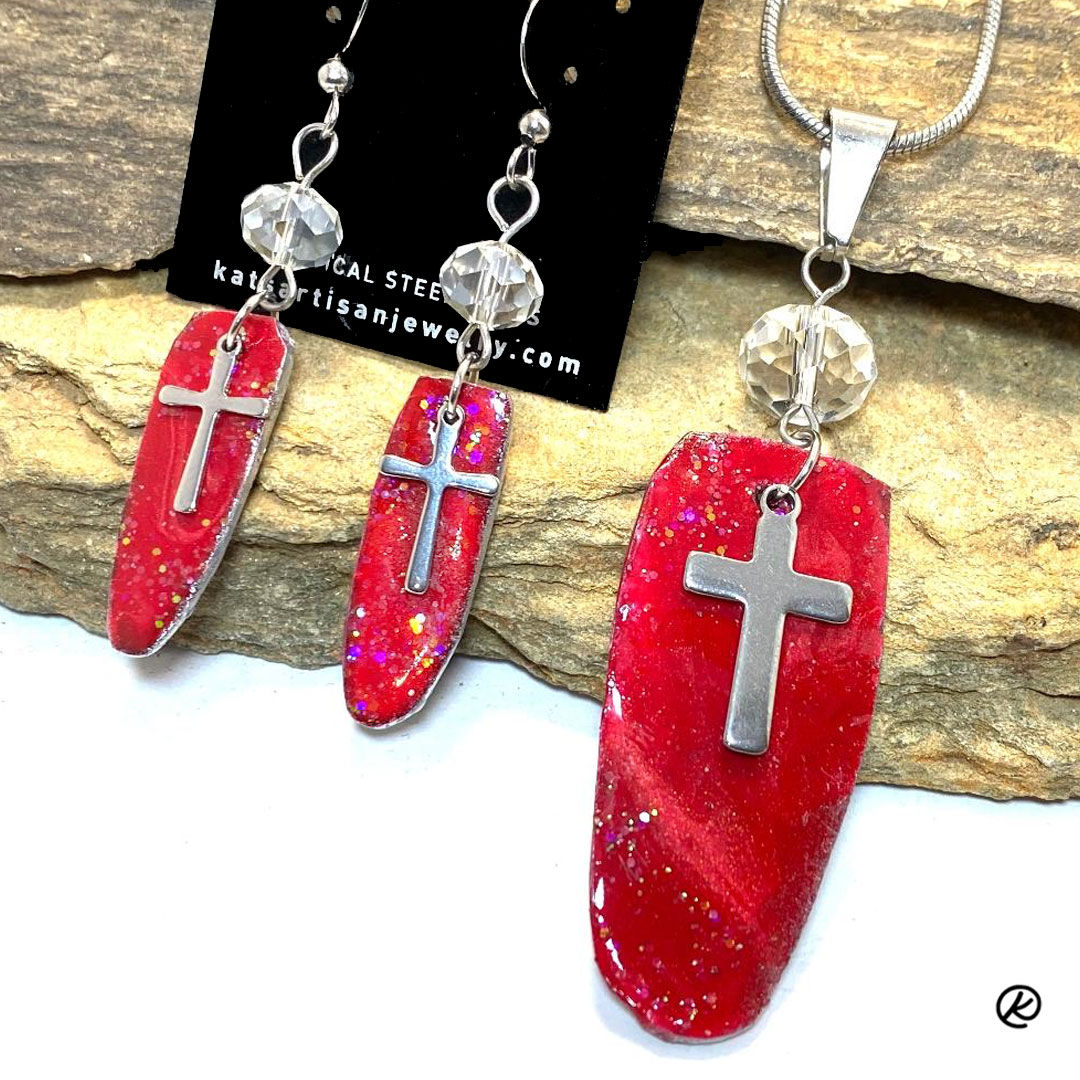 Dressy red slate with glitter and stainless steel crosses