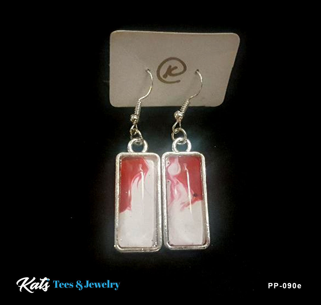 Poured Painting earrings - crimson and white - wearable art!