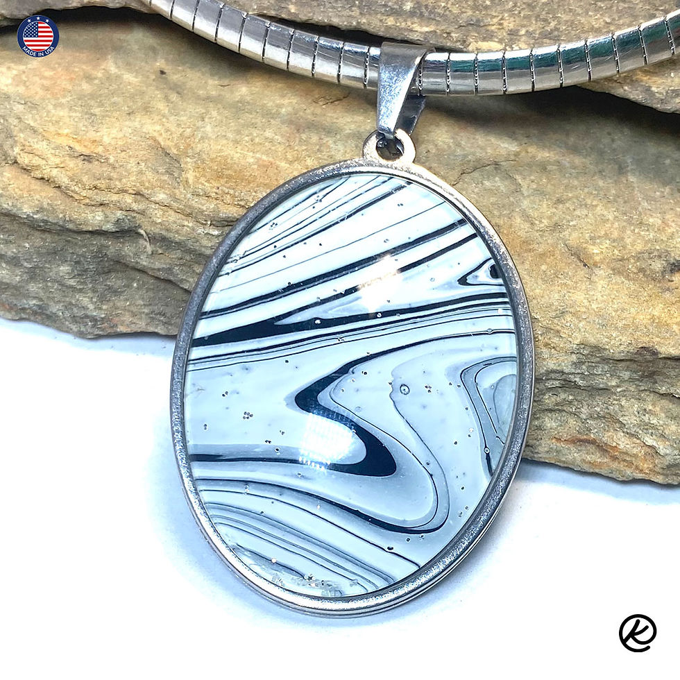 Thumbnail: Stainless steel pendant and earrings set with black and white art