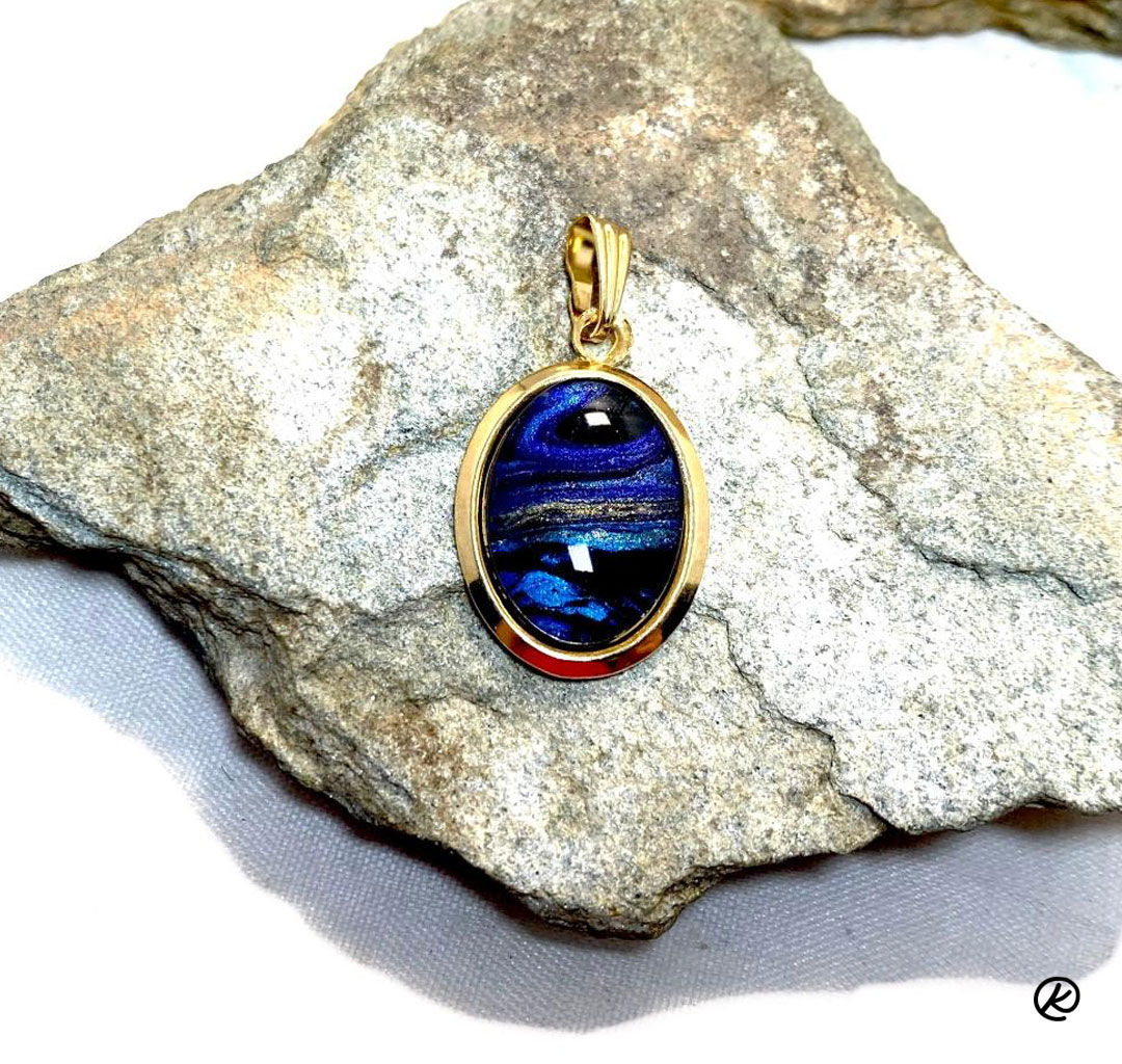 Golden mini pendant w blue and gold poured acrylics