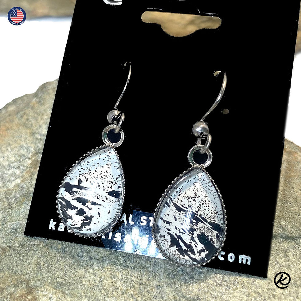 Thumbnail: Stainless steel teardrop pendant and earrings set with black and white art