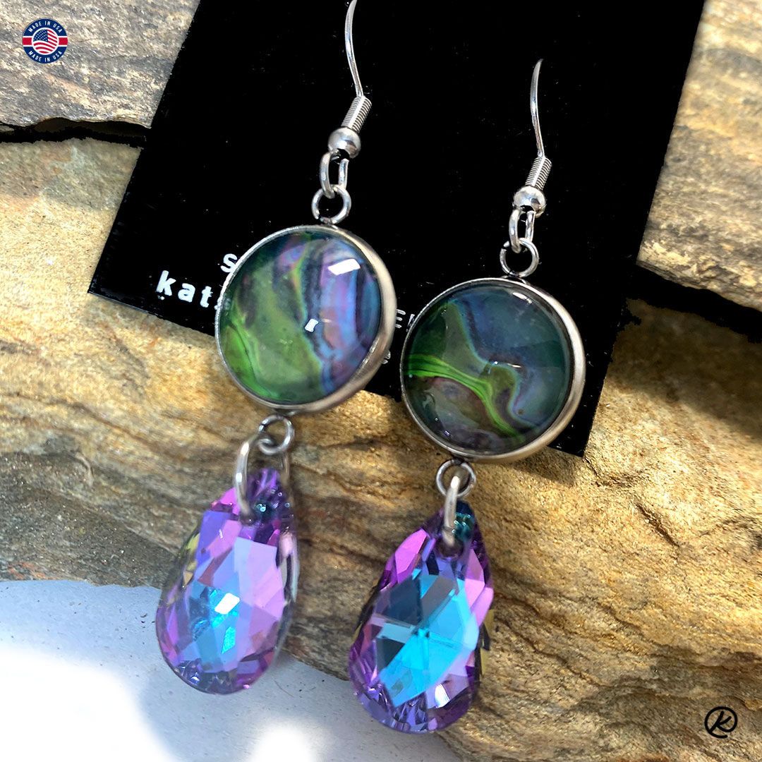 Multi-colored earrings with purple crystals