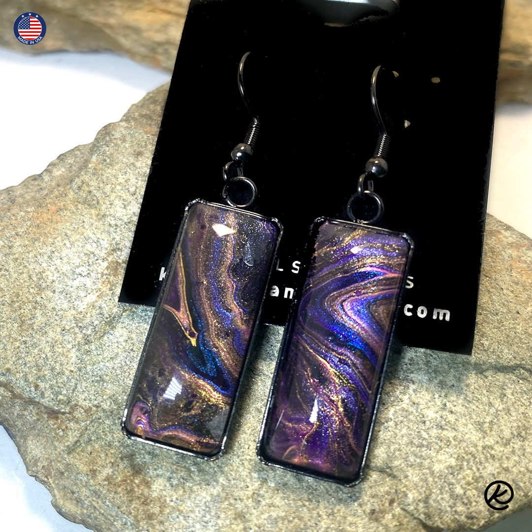 Black stainless steel earrings with flowing purples