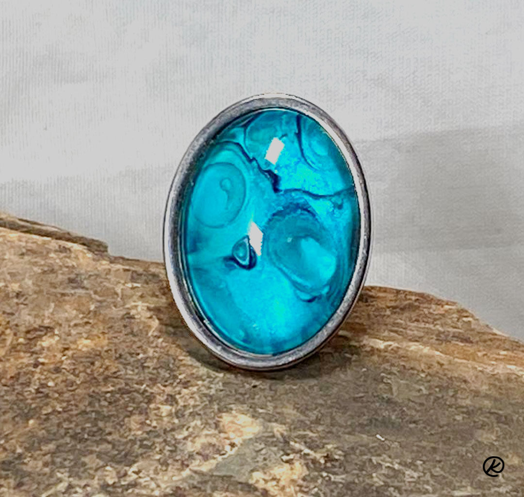 Turquoise poured acrylics in stainless steel adjustable ring