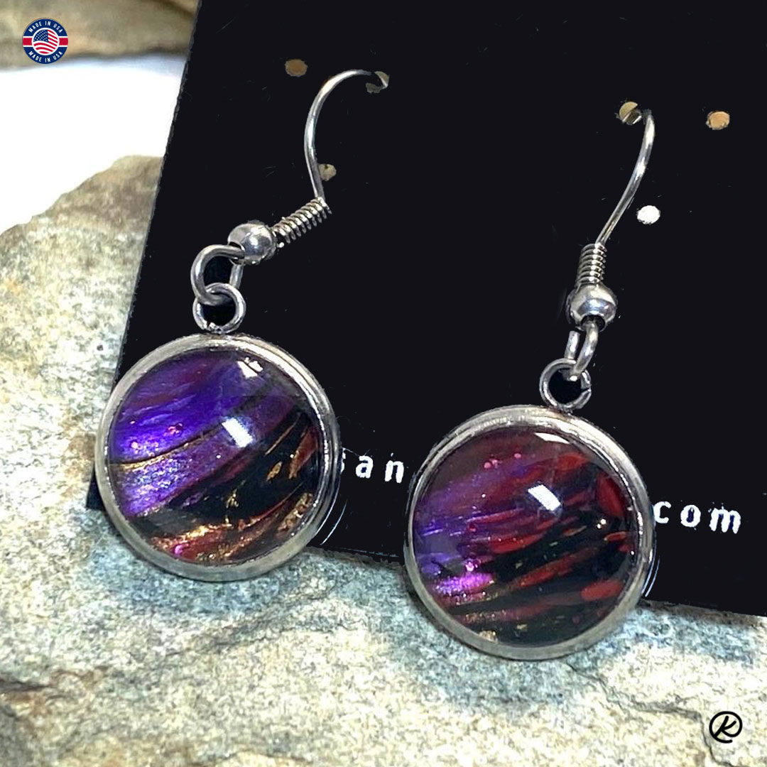 Colorful purple earrings from poured acrylic
