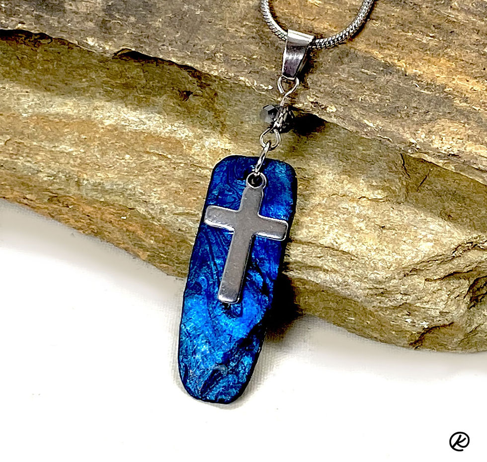 Sapphire blue pendant w stainless steel cross - made from slate