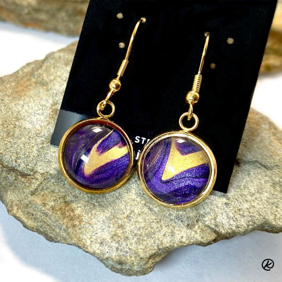 Purple and gold poured acrylic earrings