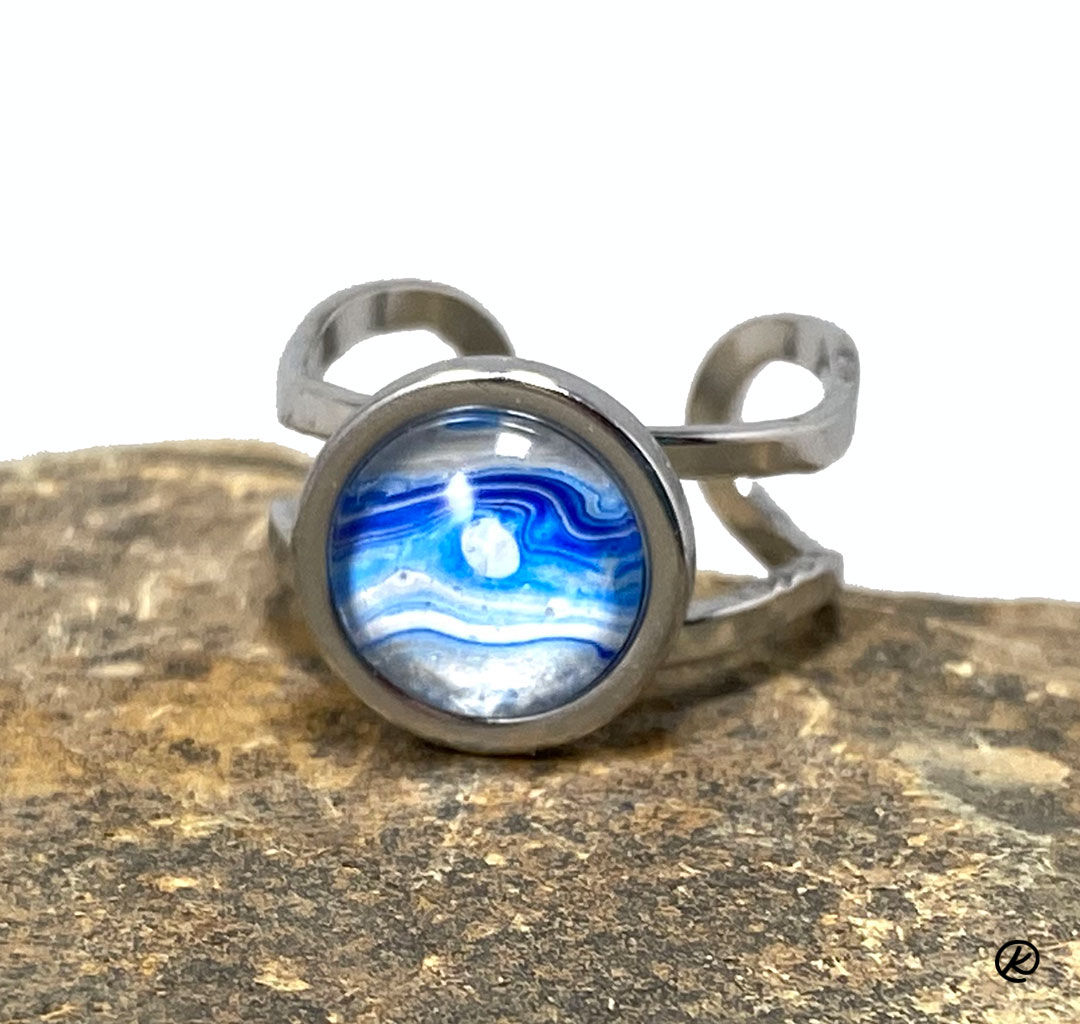 Ocean blue art in adjustable stainless steel ring