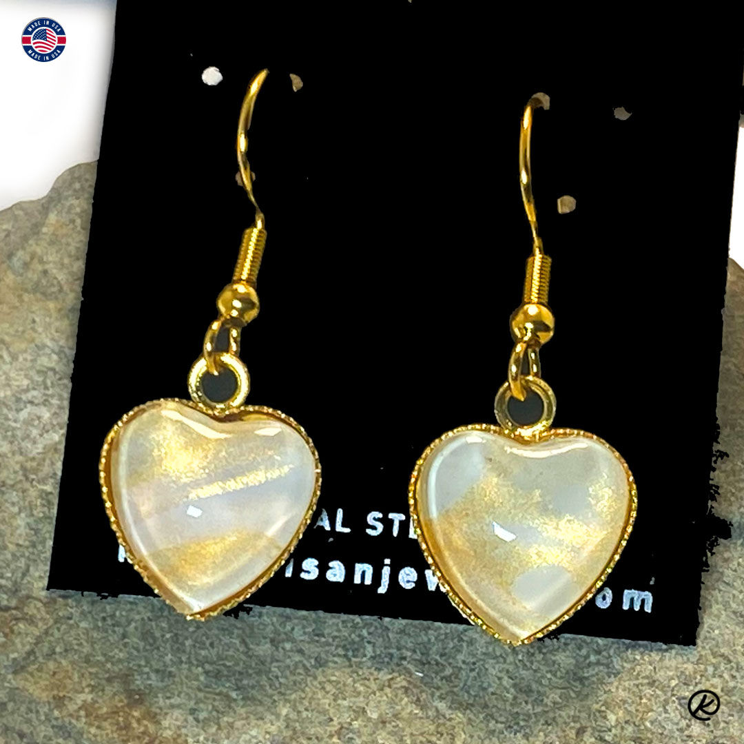 Beautiful gold and white poured acrylic heart earrings - pendant availabl