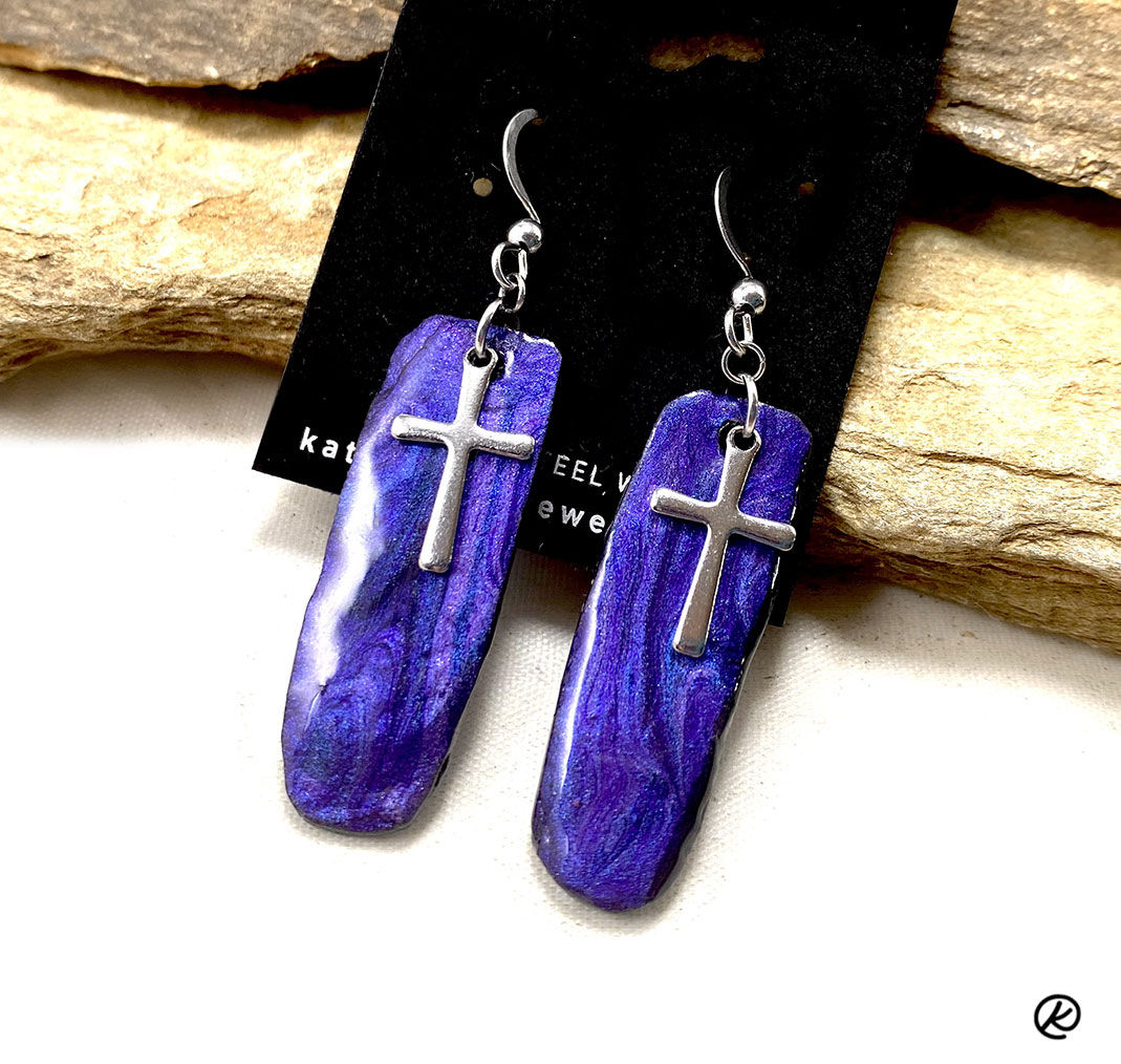 Purple Christian earrings with stainless steel crosses