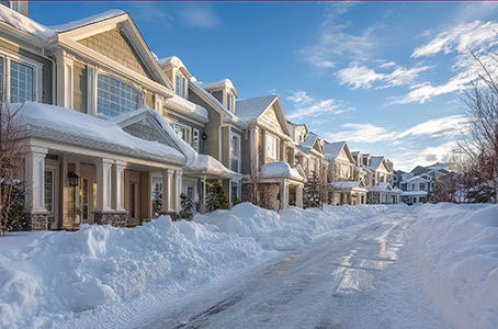 Neighborhood with snow drifts and icy road.