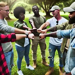 DALL·E 2024-10-13 12.47.03 - A realistic image of a group of millennial veterans fist bump