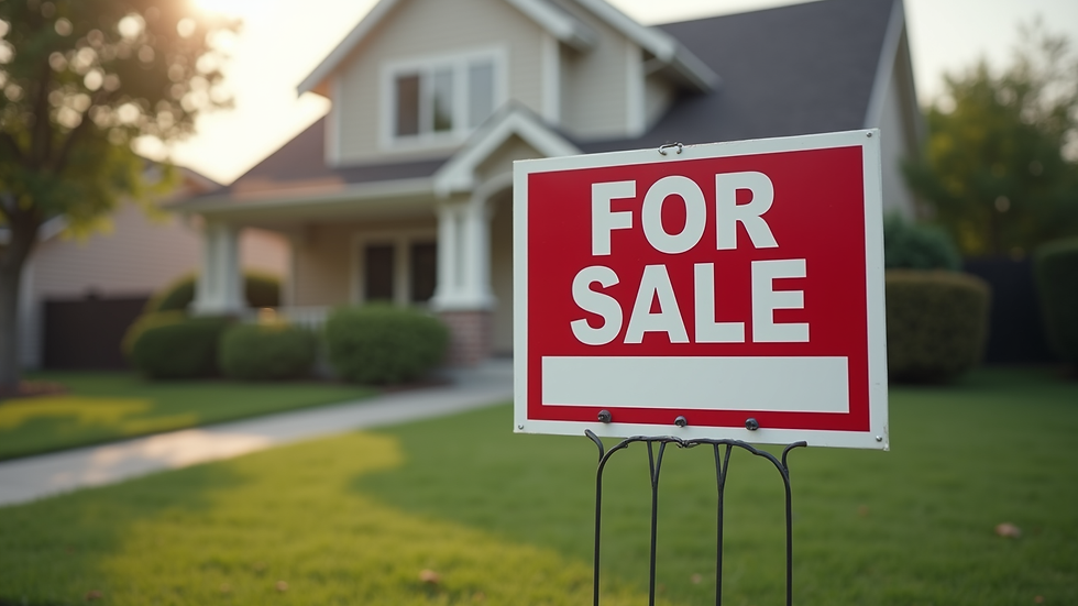 High angle view of a "For Sale" sign in front of a suburban house