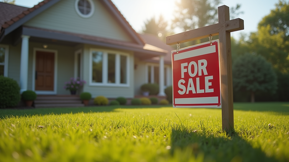Eye-level view of a cozy house with a "For Sale" sign in the front yard