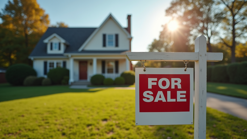 Eye-level view of a suburban house with a "For Sale" sign