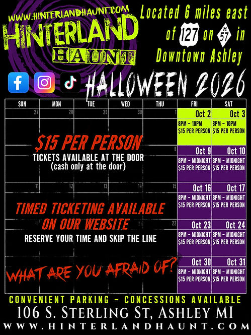 2026 Halloween schedule for Hinterland Haunted Attraction, a top rated haunted house in Michigan.