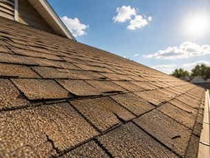 Close-up of weathered brown roof shingles under bright sun, with blue sky, clouds, and distant houses and trees.