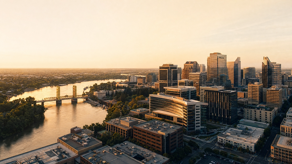 Golden-hour aerial of a downtown skyline beside a river and bridge, with glass towers glowing under a hazy sky.