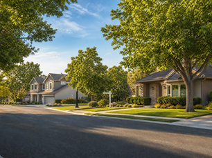 Sunlit suburban street with large green trees, manicured lawns, and quiet tan houses under a clear blue sky