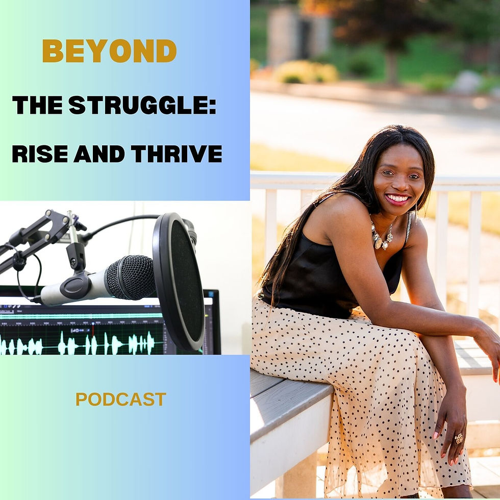 Woman smiles beside podcast microphone, with text: Beyond The Struggle: Rise and Thrive