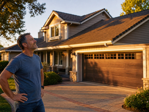Smiling man stands in a driveway outside a sunlit suburban house and garage at golden hour.