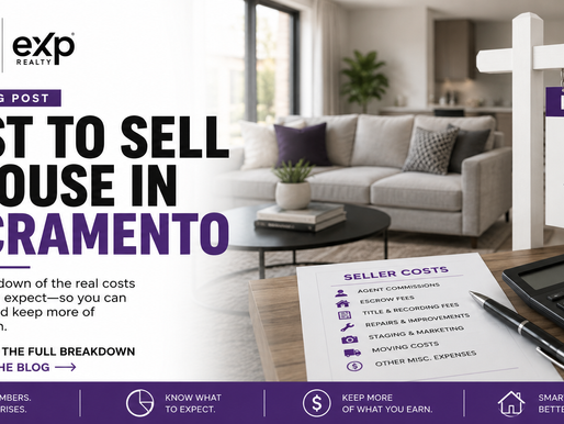 ROC&SOL and eXp Realty graphic promoting a blog about the cost to sell a house in Sacramento, featuring a modern home interior, For Sale sign, calculator, and seller costs checklist covering commissions, escrow fees, title and recording fees, repairs, staging, marketing, moving costs, and other expenses.