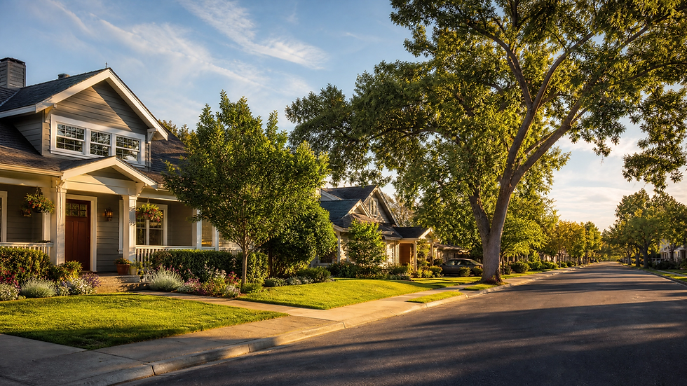 Sunlit suburban street with gray houses, green lawns, and tall trees casting warm evening shadows under a blue sky.