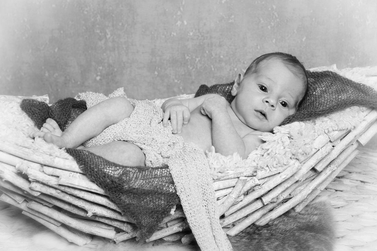 Baby im Weidenkorb, Schwarz-Weiß, Fotostudio Bensheim, fotografiert von Meisterin Annette Stier, Nikon Z7 III, Symbol für naturnahe Geborgenheit.