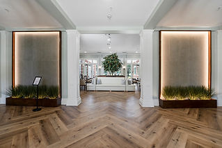 Elegant interior entryway with wooden floors, decorative plants, and architectural details.