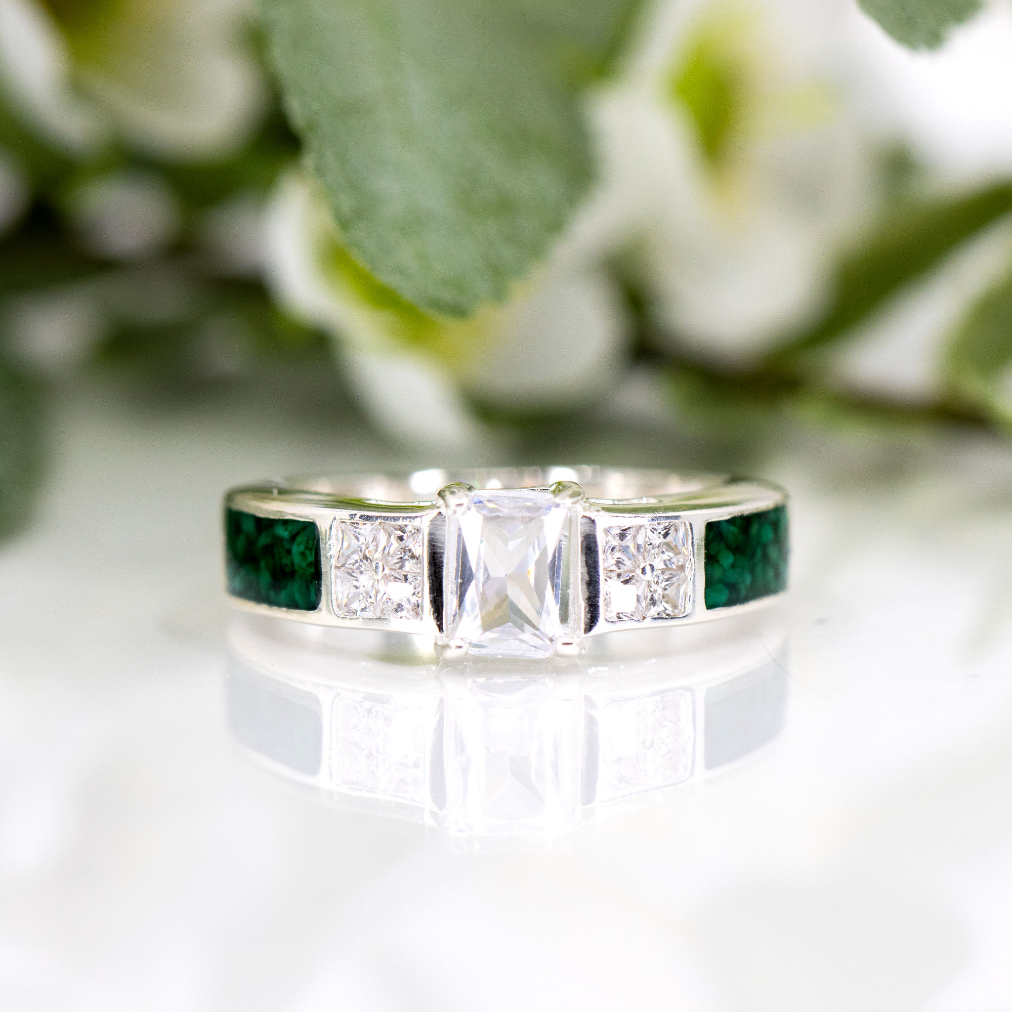 Square Stone Memorial Ring with Side Channels containing cremation ashes