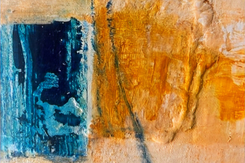 Close-up view of an abstract painting in warm colors inspired by Provence