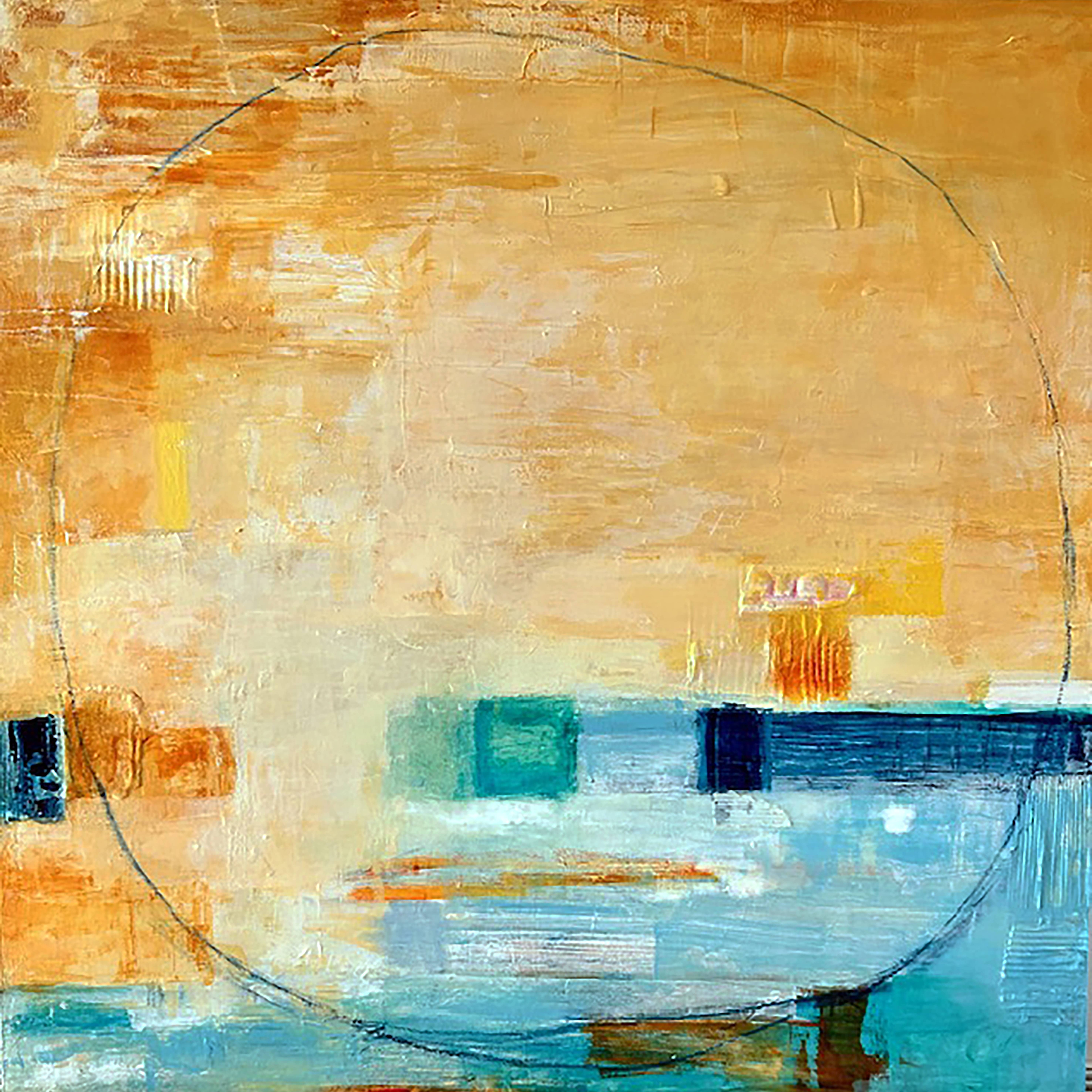 Close-up view of an abstract painting in warm colors inspired by Provence