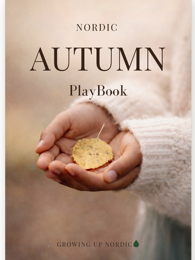 Cover of the Nordic Autumn PlayBook, a yellow birch leaf held in a child's cupped hands