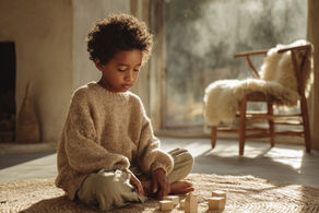 A child peacefully plays with wooden blocks in a sunlit room, embodying the essence of "lagom"—finding harmony in simplicity and balance.