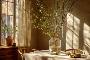 Birch branches awaken with vibrant green leaves indoors, basking in the soft sunlight. This Nordic tradition of Vårvinter brings spring early, with warmth coaxing life into a gentle bloom.