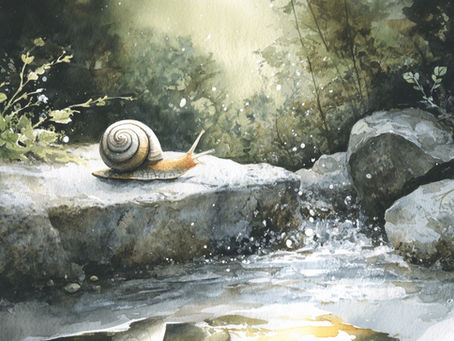 In the tranquil embrace of the meadow, a small snail navigates the rocky terrain, embodying the wisdom of patience and the beauty of finding one's own rhythm in life. The Gift of Slow invites us to appreciate the journey over the destination.