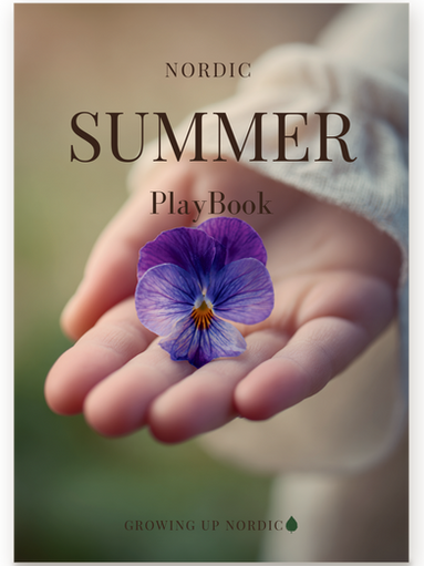 Cover of the Nordic Summer PlayBook, a purple pansy resting on a child's open palm