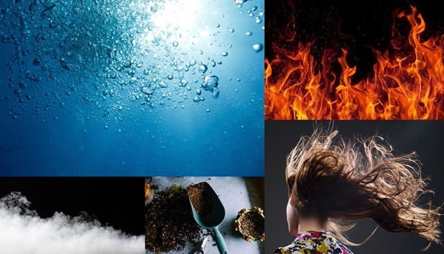 Los cinco elementos, agua, fuego, aire, tierra y éter