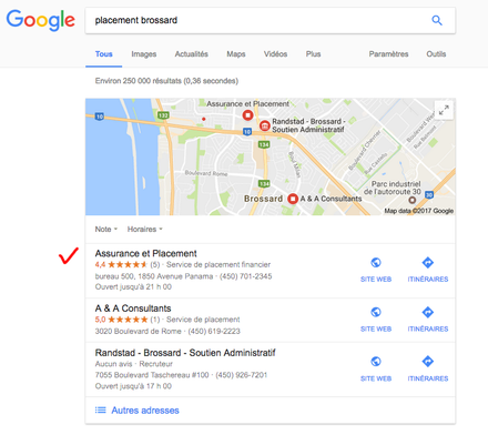 Référencement par mots-clés «placement brossard» première position sur la carte
