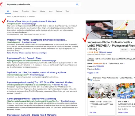 Référencement par mots-clés «impression professionnelle» première position sur la carte et première dans le moteur de recherche Google