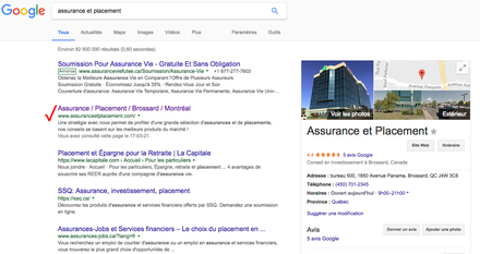 Référencement par mots-clés «assurance et placement» première dans le moteur de recherche Google