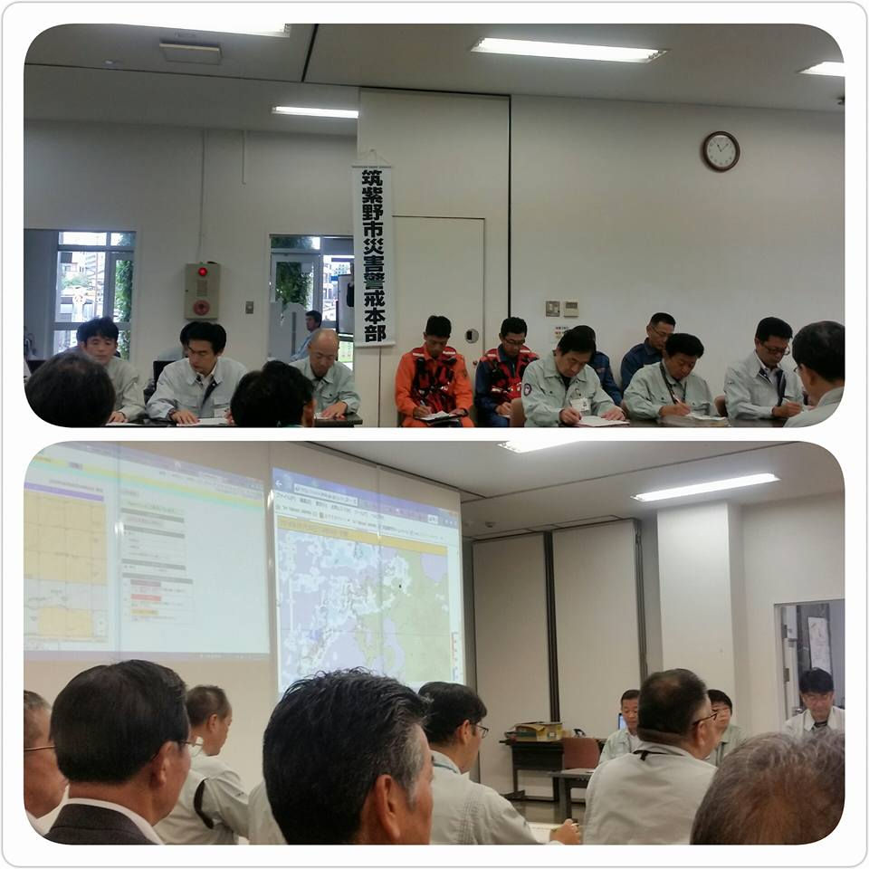 大雨警報が発令時は、市役所では警戒本部や対策本部が設置されています。議員で激励に参りました‼