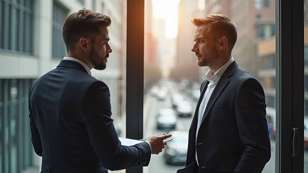 Eye-level view of two business partners discussing strategies