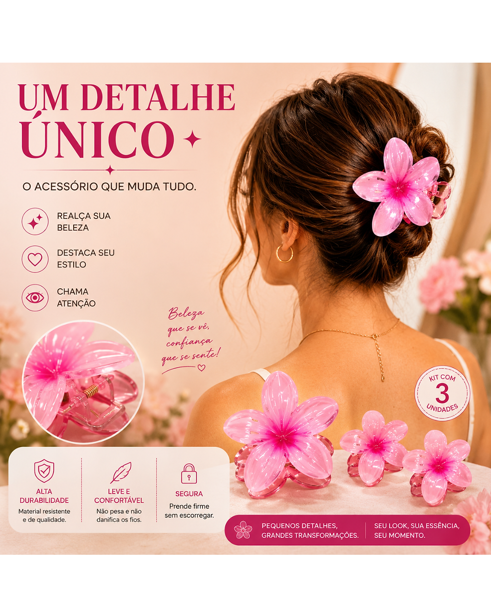 Miniatura: Kit 3 Piranhas de Flor Presilha de Cabelo Feminina Decorativa