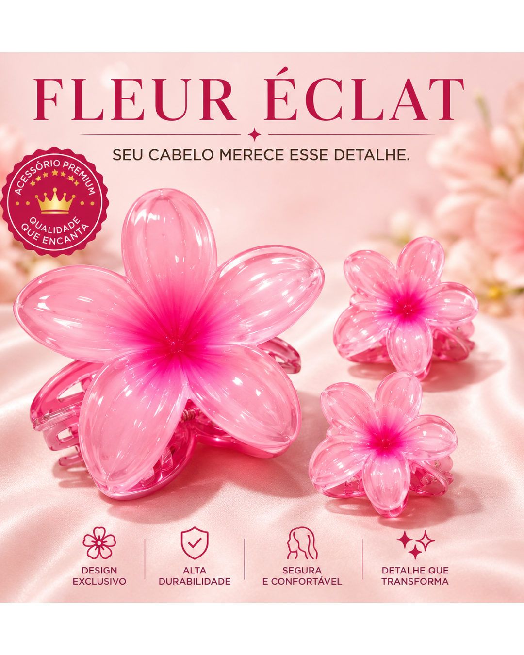 Kit 3 Piranhas de Flor Presilha de Cabelo Feminina Decorativa