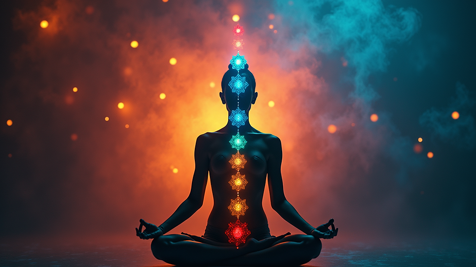 Eye-level view of a colorful chakra diagram showing seven energy centers aligned along a human silhouette