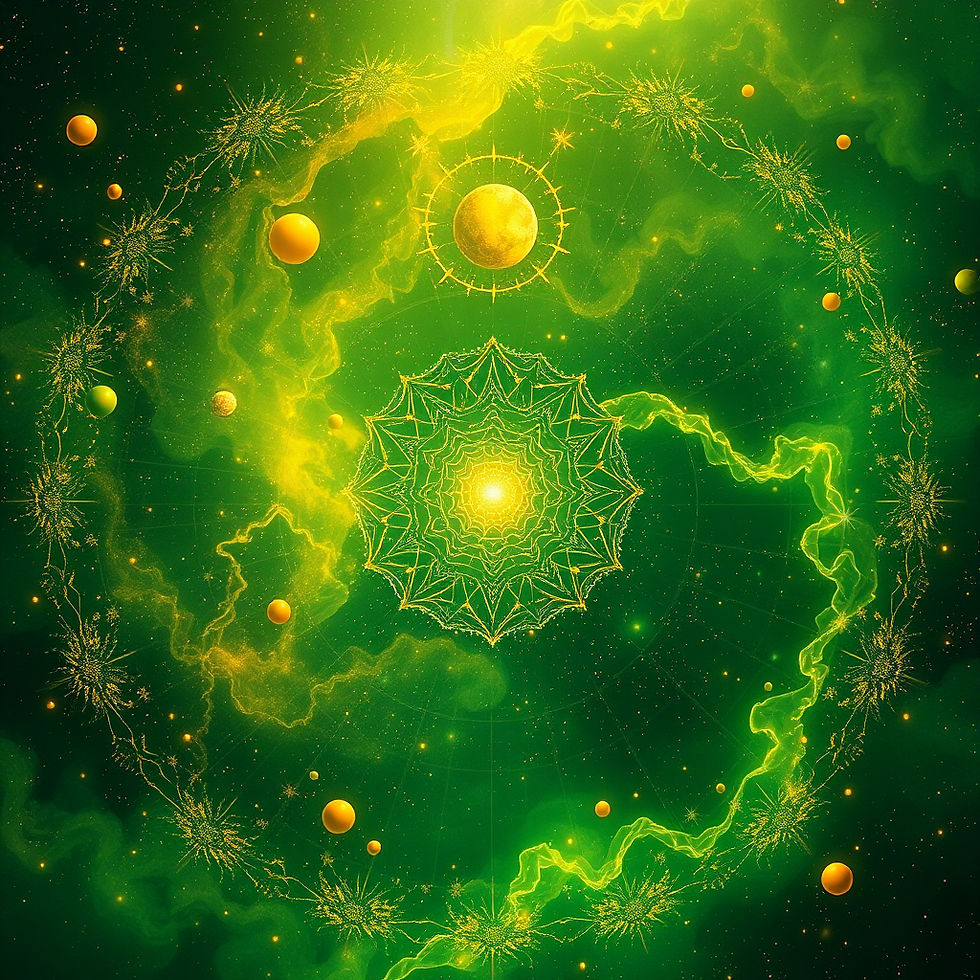 Green and gold universe of Interconnectivity, spirituality and wellness