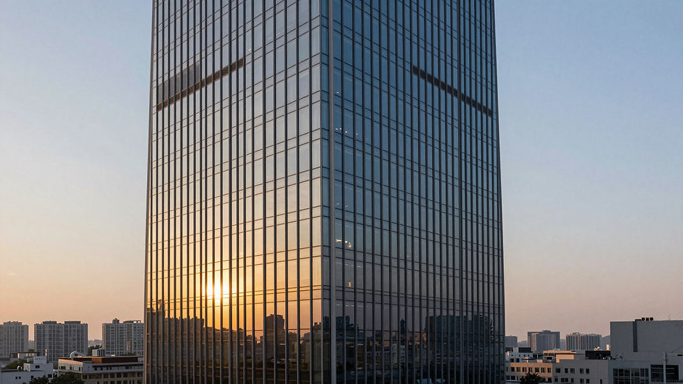 Modern Nashville skyscraper at sunset with glass reflections.