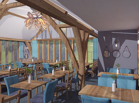 3D visualisation of restaurant with blue upholstered chairs and oak beams